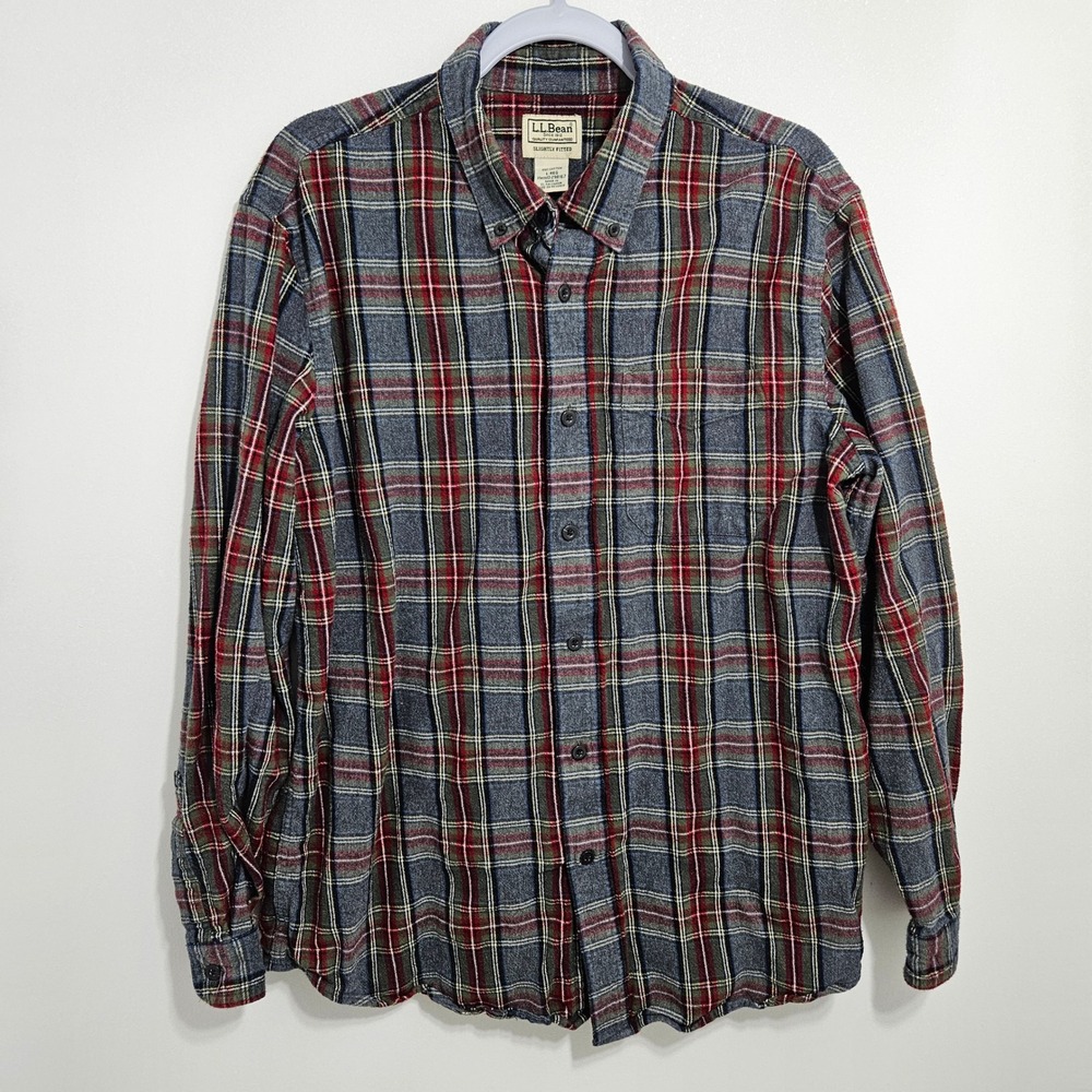 LL Bean Mens Flannel Shirt 100% Cotton Slightly Fitted Plaid Gorpcore Red Blue L